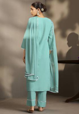 Sky blue pure cotton schiffli embroidered straight kurta set with cotton pants, inner & najmin chiffon dupatta 2