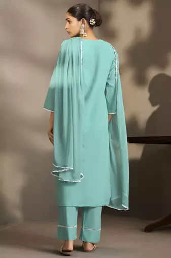 Sky blue pure cotton schiffli embroidered straight kurta set with cotton pants, inner & najmin chiffon dupatta