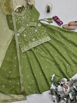 green silk blend embroidered sequin kurta and skirt set 4