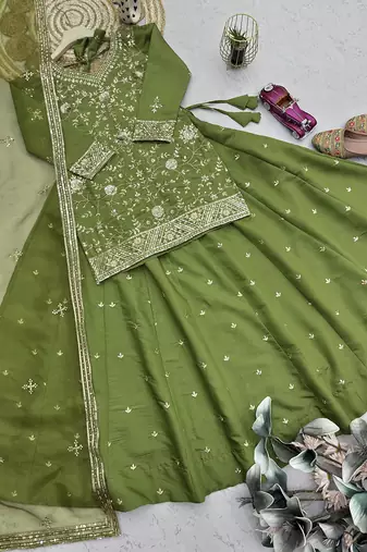 green silk blend embroidered sequin kurta and skirt set