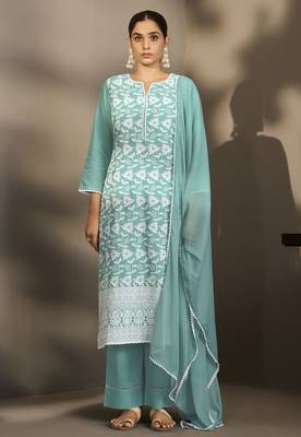 Sky blue pure cotton schiffli embroidered straight kurta set with cotton pants, inner & najmin chiffon dupatta 3