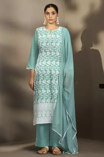 Sky blue pure cotton schiffli embroidered straight kurta set with cotton pants, inner & najmin chiffon dupatta