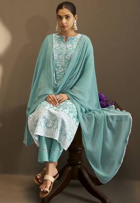 Sky blue pure cotton schiffli embroidered straight kurta set with cotton pants, inner & najmin chiffon dupatta 4