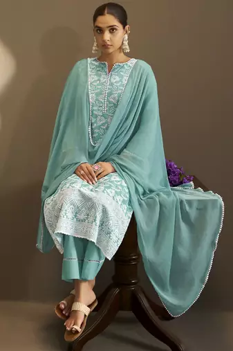 Sky blue pure cotton schiffli embroidered straight kurta set with cotton pants, inner & najmin chiffon dupatta