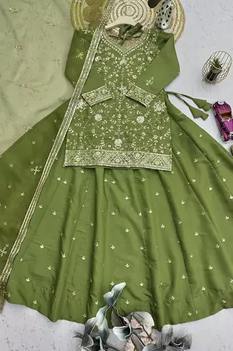 green silk blend embroidered sequin kurta and skirt set