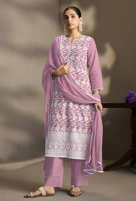 Rust pure cotton schiffli embroidered straight kurta set with cotton pants, inner & najmin chiffon dupatta 1