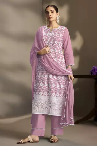 Rust pure cotton schiffli embroidered straight kurta set with cotton pants, inner & najmin chiffon dupatta