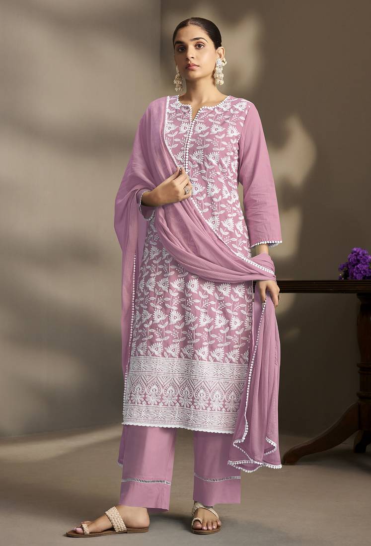 Rust pure cotton schiffli embroidered straight kurta set with cotton pants, inner & najmin chiffon dupatta