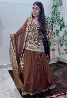 brown georgette embroidered sequin kurta and skirt set 1