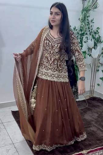 brown georgette embroidered sequin kurta and skirt set