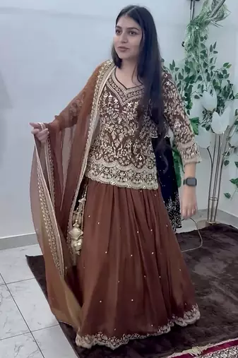 brown georgette embroidered sequin kurta and skirt set