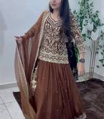 brown georgette embroidered sequin kurta and skirt set