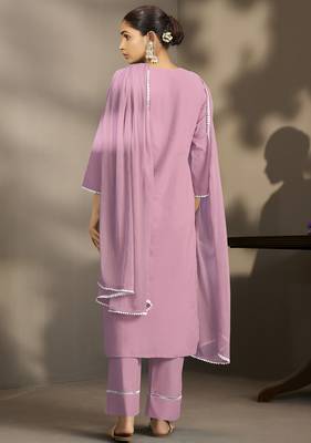 Rust pure cotton schiffli embroidered straight kurta set with cotton pants, inner & najmin chiffon dupatta 2