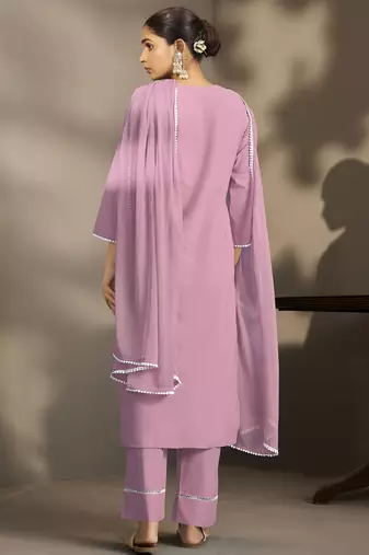 Rust pure cotton schiffli embroidered straight kurta set with cotton pants, inner & najmin chiffon dupatta