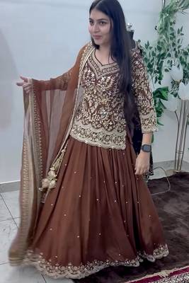 brown georgette embroidered sequin kurta and skirt set 2