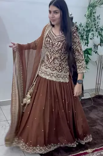 brown georgette embroidered sequin kurta and skirt set