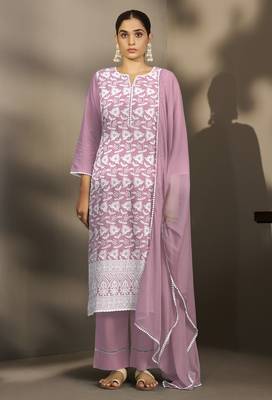 Rust pure cotton schiffli embroidered straight kurta set with cotton pants, inner & najmin chiffon dupatta 3