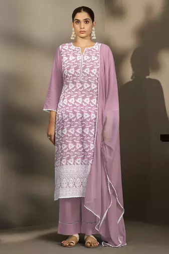 Rust pure cotton schiffli embroidered straight kurta set with cotton pants, inner & najmin chiffon dupatta