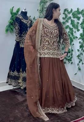 brown georgette embroidered sequin kurta and skirt set 3