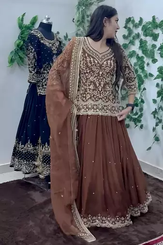brown georgette embroidered sequin kurta and skirt set