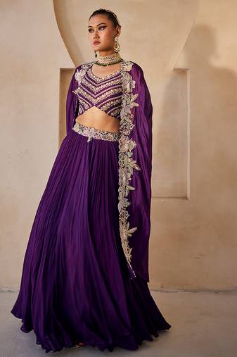 Deep Purple Embroidered Raw Silk Indo Western Lehenga Set