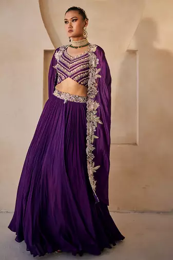 Deep Purple Embroidered Raw Silk Indo Western Lehenga Set