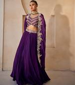 Deep Purple Embroidered Raw Silk Indo Western Lehenga Set