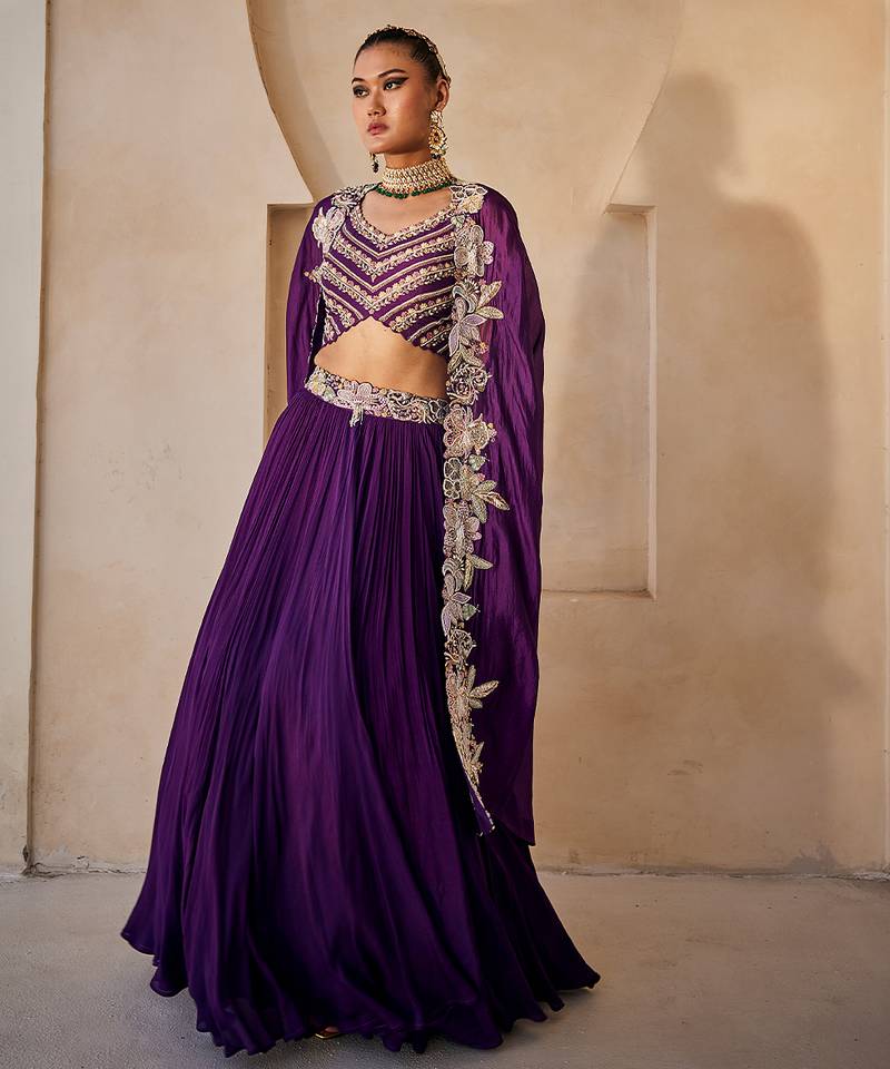 Deep Purple Embroidered Raw Silk Indo Western Lehenga Set