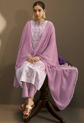 Rust pure cotton schiffli embroidered straight kurta set with cotton pants, inner & najmin chiffon dupatta 4