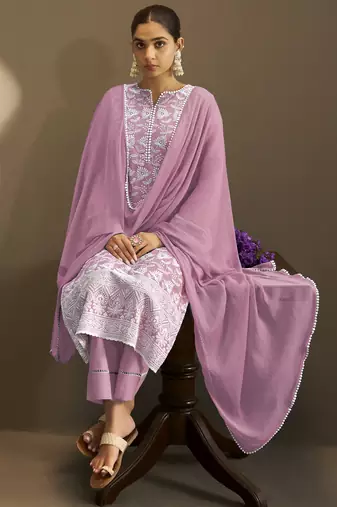 Rust pure cotton schiffli embroidered straight kurta set with cotton pants, inner & najmin chiffon dupatta