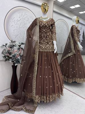 brown georgette embroidered sequin kurta and skirt set 4