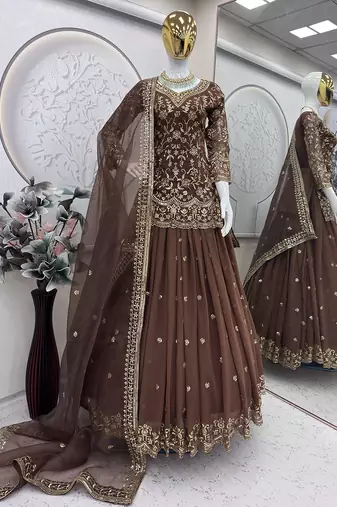 brown georgette embroidered sequin kurta and skirt set