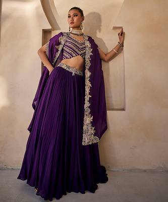 Deep Purple Embroidered Raw Silk Indo Western Lehenga Set 2