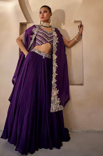 Deep Purple Embroidered Raw Silk Indo Western Lehenga Set