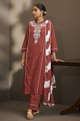 Maroon pure cotton schiffli embroidered straight kurta set with cotton pants & najmin chiffon dupatta