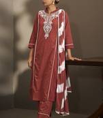 Maroon pure cotton schiffli embroidered straight kurta set with cotton pants & najmin chiffon dupatta