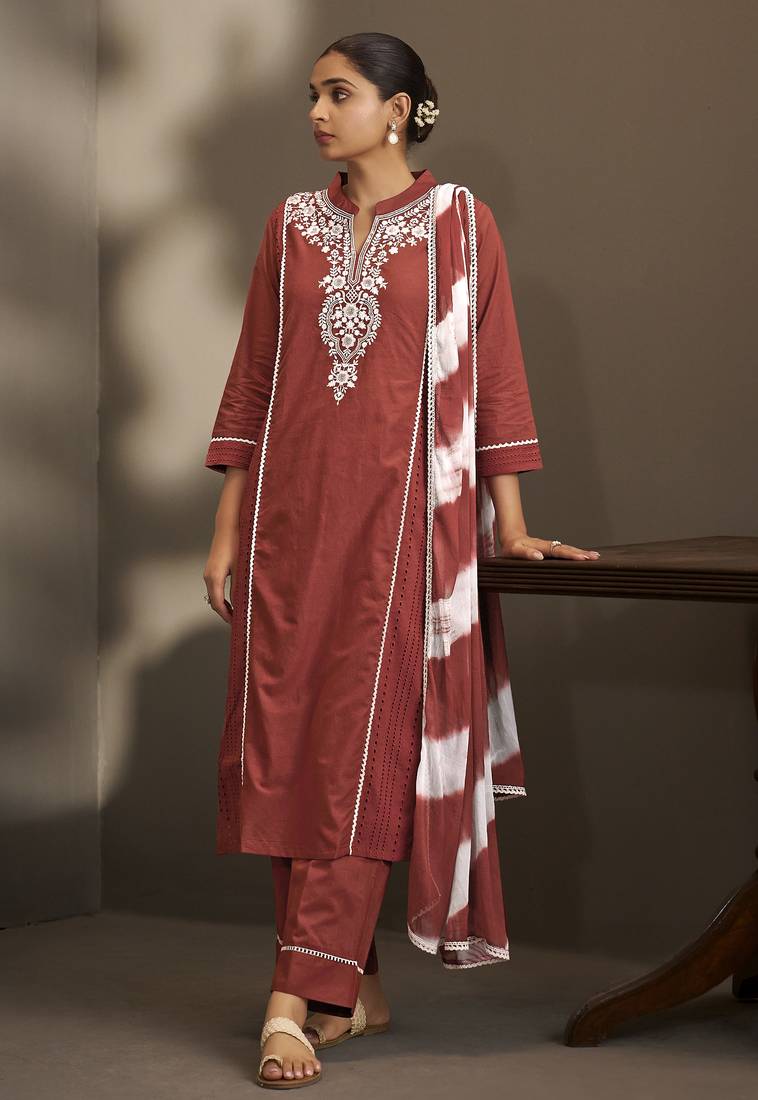 Maroon pure cotton schiffli embroidered straight kurta set with cotton pants & najmin chiffon dupatta