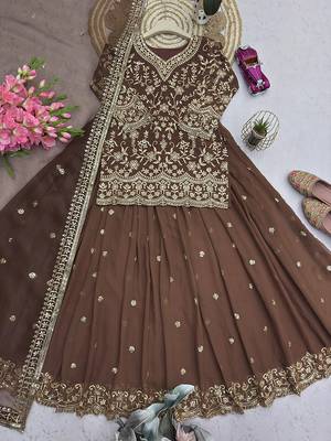 brown georgette embroidered sequin kurta and skirt set 5