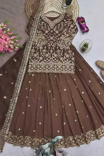 brown georgette embroidered sequin kurta and skirt set