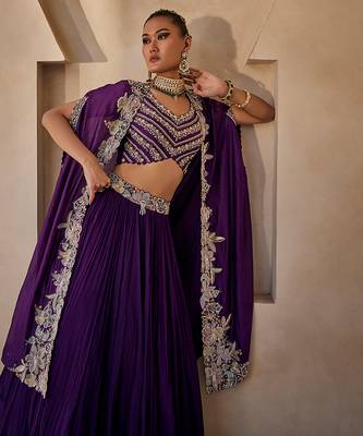 Deep Purple Embroidered Raw Silk Indo Western Lehenga Set 3