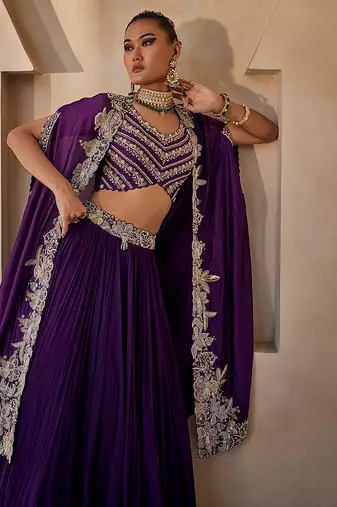 Deep Purple Embroidered Raw Silk Indo Western Lehenga Set
