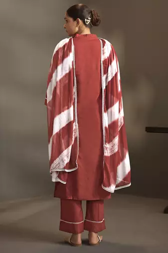 Maroon pure cotton schiffli embroidered straight kurta set with cotton pants & najmin chiffon dupatta