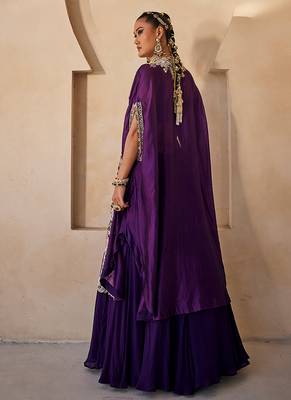 Deep Purple Embroidered Raw Silk Indo Western Lehenga Set 4