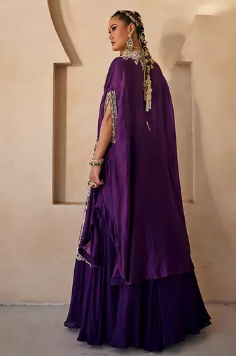 Deep Purple Embroidered Raw Silk Indo Western Lehenga Set