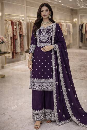 purple silk blend embroidered kurta palazzo with dupatta