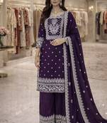 purple silk blend embroidered kurta palazzo with dupatta