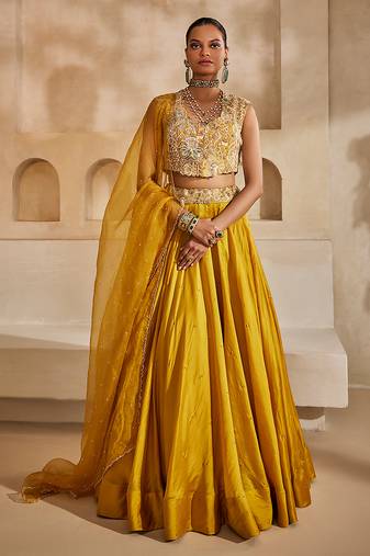 Mustard Yellow Embroidered Silk Organza Lehenga Set