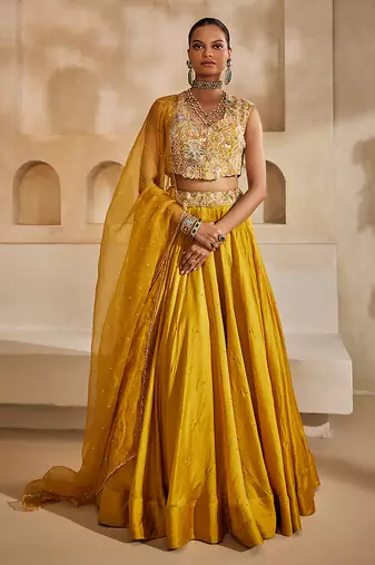 Mustard Yellow Embroidered Silk Organza Lehenga Set