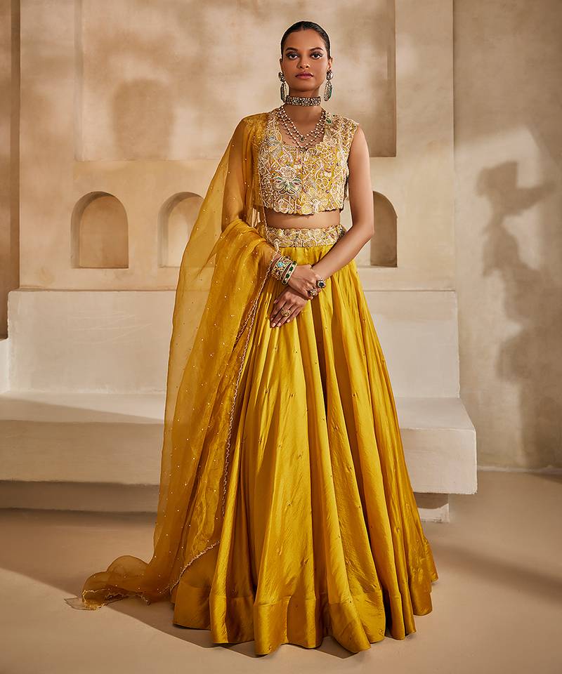 Mustard Yellow Embroidered Silk Organza Lehenga Set