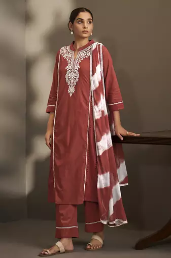Maroon pure cotton schiffli embroidered straight kurta set with cotton pants & najmin chiffon dupatta